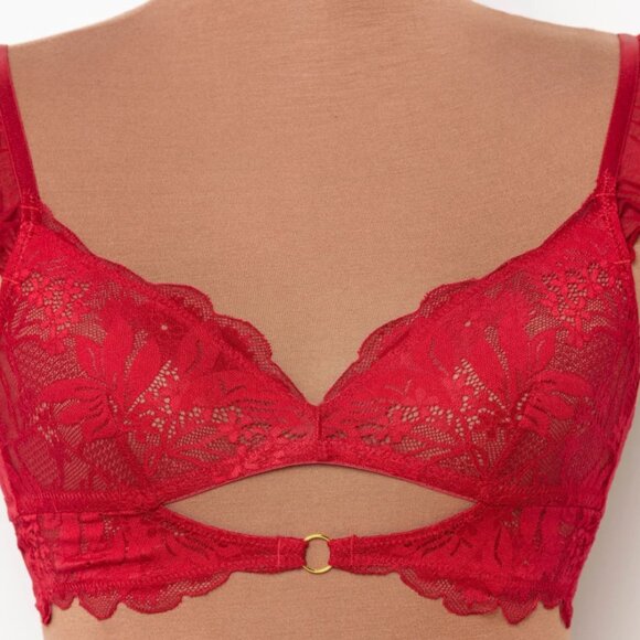 New Mentionables Red Lace Mesh Keyhole Bralette & High Leg Crotchless Panty Smal - Picture 5 of 14